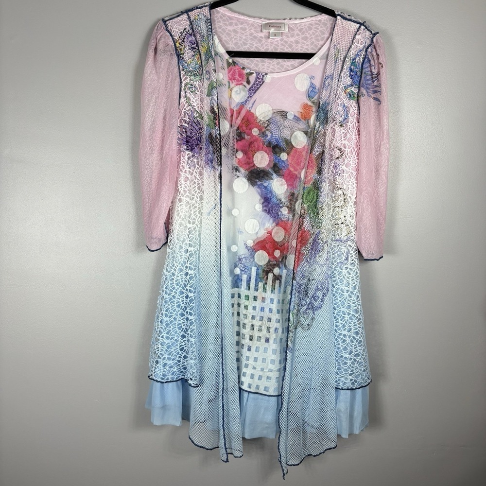 Kamana Womens Small Art To Wear Round Neck 3/4 Sleeve Lagenlook Lined Tunic Top